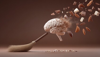 A broom sweeps a brain comprised of nuts and chocolate pieces