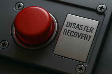 Close-up of red PUSH button labeled "DISASTER RECOVERY" on black metal surface, symbolizing emergency response, disaster recovery plan activation, and crisis management systems
