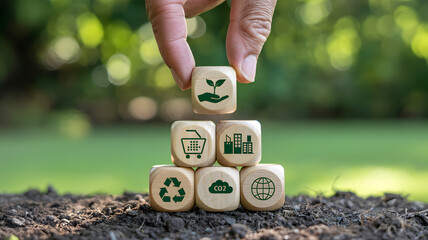 Grow your business responsibly with eco-friendly practices and sustainable initiatives for a greener future, presented with wooden blocks in earth tones