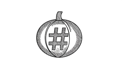 Obraz premium Pumpkin sketch with hashtag symbol, a black and white social media icon