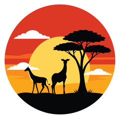 vector retro safari savanna sunset with giraffes
