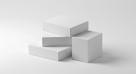 Fototapeta premium Stack of blank white boxes on a light background, showcasing simple product packaging design.
