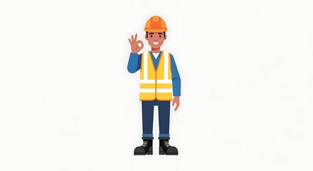 Cartoon Construction Worker Giving OK Sign in High Visibility Vest on White Background