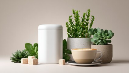 Obraz premium Still life with coffee, plants, and a canister