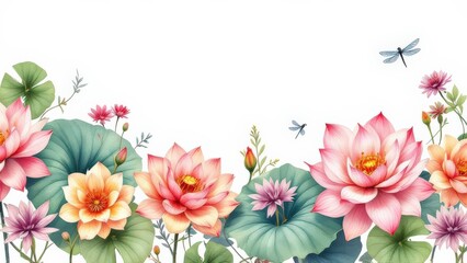 Vibrant Watercolor Lotus Flowers and Lush Green Leaves with Delicate Dragonflies