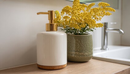 White pump soap dispenser and potted yellow flowers on a bathroom vanity