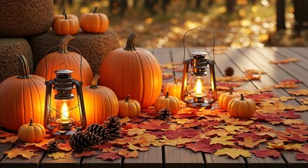 Cozy autumn evening scene with glowing lanterns, pumpkins, and fall leaves on a wooden surface, evoking a warm thanksgiving holiday atmosphere