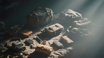 Assorted Vintage Leather Items and Accessories Arranged on a Dark Surface