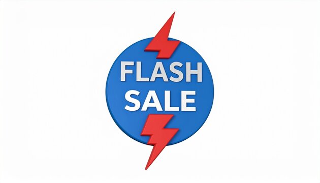 3D flash sale emblem with lightning bolts. A vibrant blue and red promotional icon for special offers and discounts on a white background.