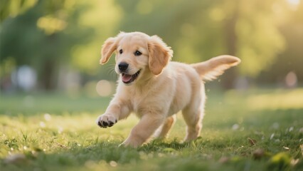 Golden Retriever Puppy Running on Grass in a Park
