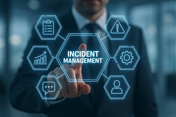Incident management process business technology concept. Businessman using laptop with incident management icon on virtual screen. diagnosing and resolving unexpected problems that occur.