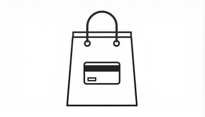 Obraz premium Minimalist line icon of a shopping bag with a credit card. Symbol for e-commerce, payment, and retail purchase.