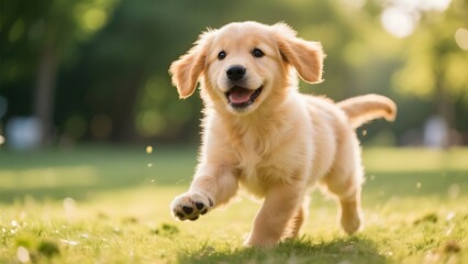 Golden Retriever Puppy Running on Grass in a Park