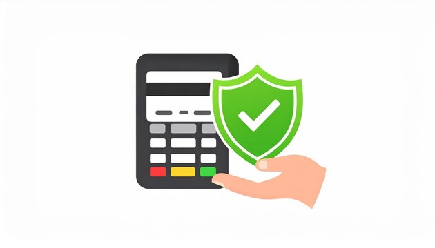 Secure payment concept with a POS terminal and a protection shield. A symbol of safe financial transactions and credit card data security.