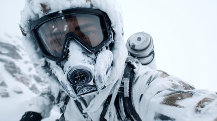 snowy alpine climb with visibility goggles and oxygen tanks