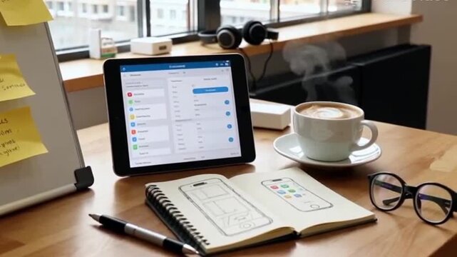 Startup-style desk with post-it notes on the wall, pen, glasses, tablet showing to-do list or project management board, productivity, tech business, creative workflow 