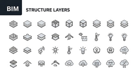 Collection of isolated vector illustration of BIM structure layers icons symbols