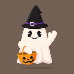 Cute Halloween ghost character. Vector illustration of a ghost holding a pumpkin with a funny expression. Halloween celebration decoration.
