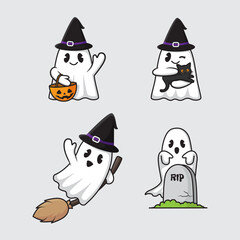 Cute Halloween ghost character set. Vector illustration of a ghost with a funny expression. For Halloween celebration decoration