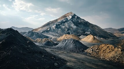 Mining landscape with piles of ore, mountain backdrop