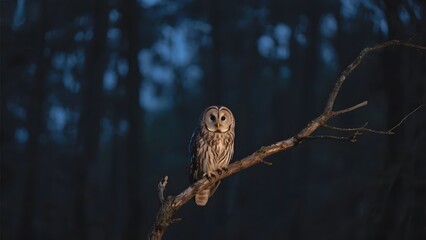 Obraz premium Owl Perched on a Branch in a Dark Forest