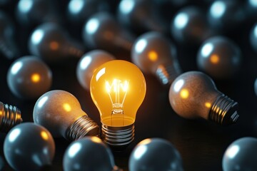 Innovation idea: one bright bulb glowing confidently among uniform unlit bulbs, isolated in frame