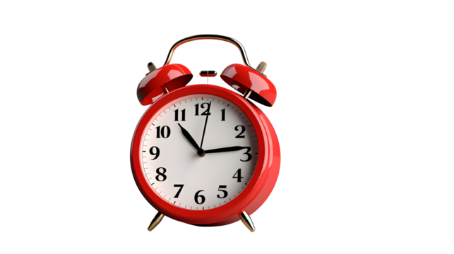 Close up of a red alarm clock isolated on transparent background