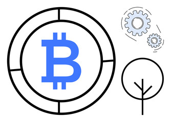 Bitcoin logo inside a segmented circle, adjacent gears, and a minimalist tree outline. Ideal for cryptocurrency, blockchain, innovation, sustainability, finance, technology decentralized systems