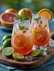 Fototapeta premium Refreshing citrus drinks on a wooden board