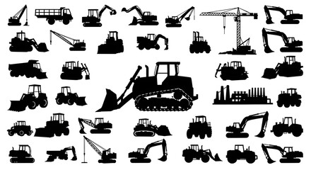 Naklejka premium Construction Equipment Silhouette Collection Showcasing Various Heavy Machinery