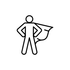 Heroic man with cape icon, superhero symbol in thin line style, bravery and super power representation, proud confident pose.