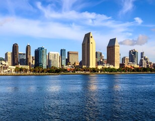 Naklejka premium San Diego Skyline with Clear Blue Skies and Reflected Blue Water in the Bay