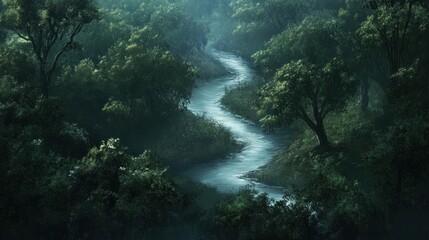 Obraz premium Misty Forest River Winding Through Lush Trees