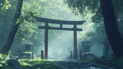 Misty Japanese Torii Gate in Forest Path