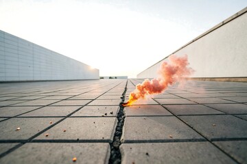 Orange smoke bomb ignites in a crack between concrete slabs on a bright day