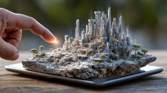 Miniature city model on tablet, hand pointing