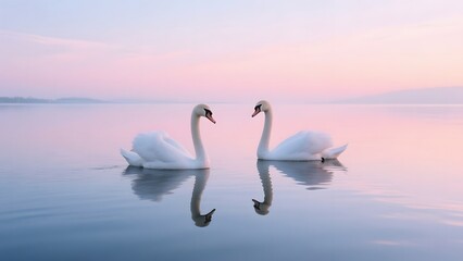 Two swans gracefully floating on a calm lake at dusk