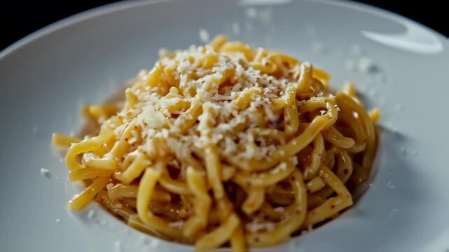 Delicate cacio e pepe pasta with grated pecorino cheese sprinkling on top