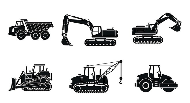 Construction Vehicle Silhouette Collection: Dump Truck, Excavator, Bulldozer, Crane, and Roller - Powered by Adobe
