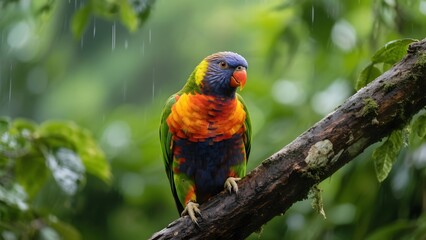 A vibrant rainbow lorikeet perched on a tree branch in a lush, rainy forest setting.