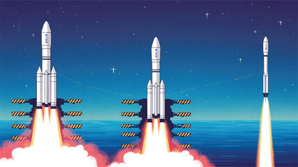 Obraz premium White rockets launching into starry night sky over blue ocean space