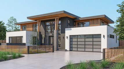 A modern luxury house with a contemporary architectural design featuring clean lines and mixed materials