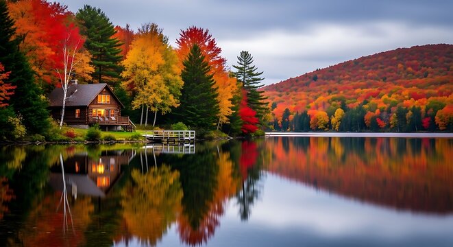 A cozy log cabin nestled by a serene lake reflecting the vibrant colors of autumn foliage on surrounding trees and mountains - Powered by Adobe