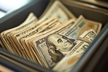 High-definition close-up of money counting machine output tray filled with U.S. $50 bills
