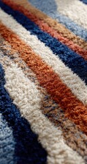 Close-up of a textured rug.?Diagonal stripes of cream, navy, rust, and muted blue.?Fuzzy,?plush?surface