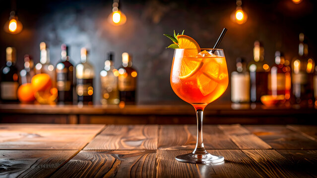 Refreshing orange cocktail on a wooden bar top in front of blurry bottles.