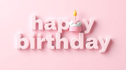Happy birthday text cake with candle on pink background. 