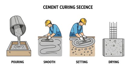Illustration showing the cement curing process, from pouring to drying, for construction