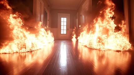 Naklejka premium Burning hallway. Fiery flames engulfing a hallway