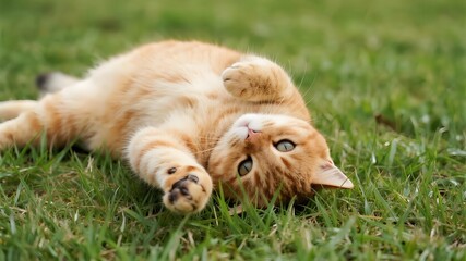 The orange cat lying on the sunny lawn